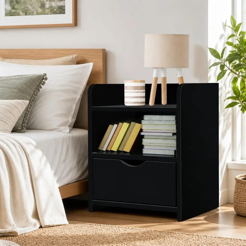Bedside Table Black 1 Drawer with Shelf 37 x 34 x 45cm