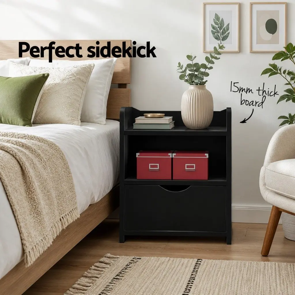 Bedside Table Black 1 Drawer with Shelf 37 x 34 x 45cm