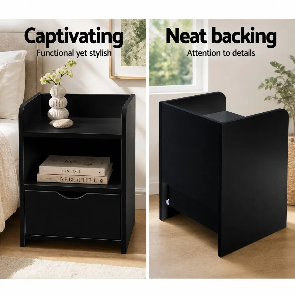 Bedside Table Black 1 Drawer with Shelf 37 x 34 x 45cm