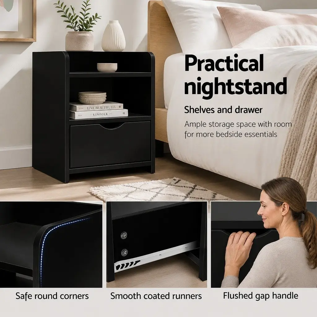 Bedside Table Black 1 Drawer with Shelf 37 x 34 x 45cm