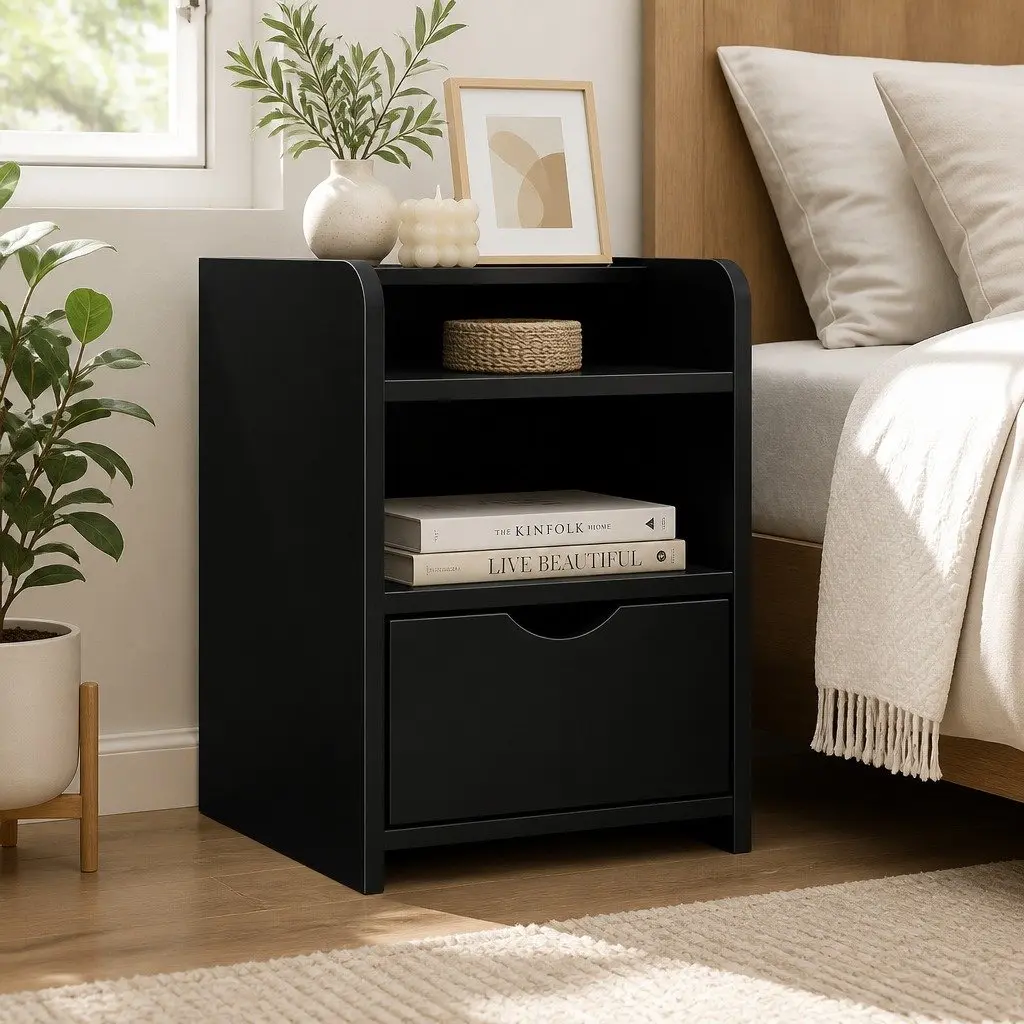 Bedside Table Black 1 Drawer with Shelf 37 x 34 x 45cm