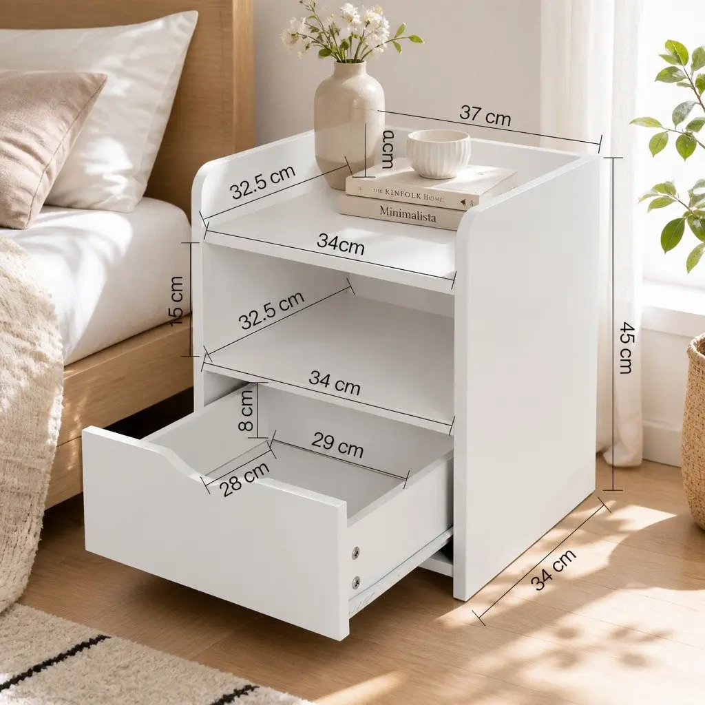 Bedside Table 1 Drawer with Shelf White Bedroom Nightstand Storage Unit