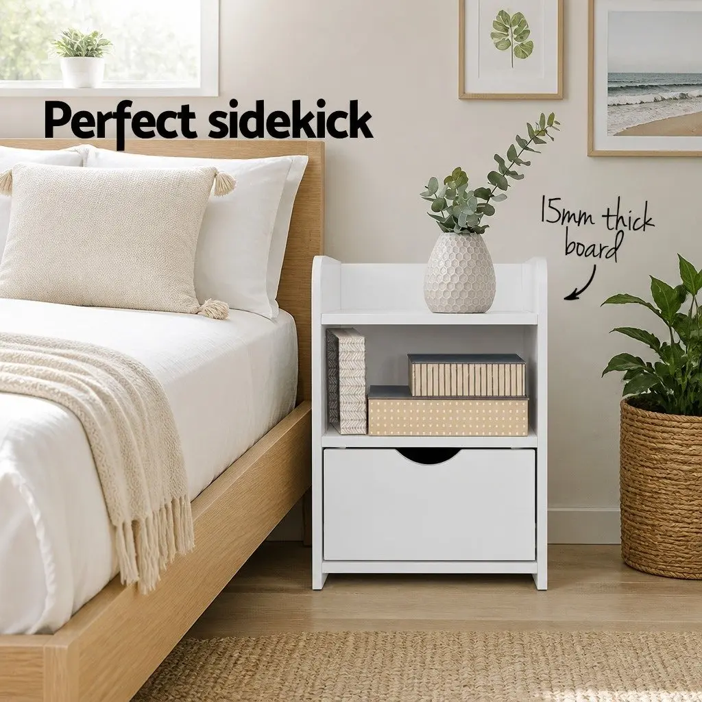 Bedside Table 1 Drawer with Shelf White Bedroom Nightstand Storage Unit