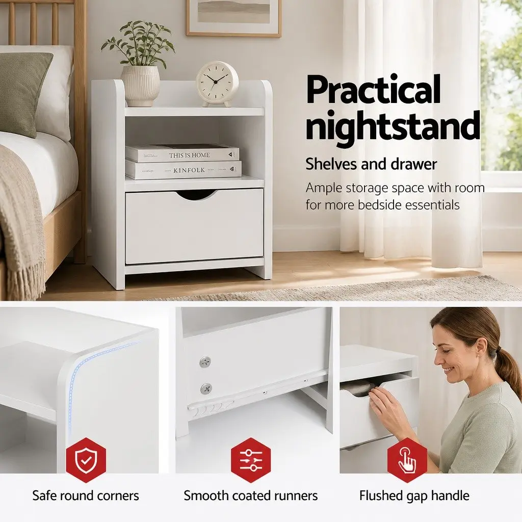 Bedside Table 1 Drawer with Shelf White Bedroom Nightstand Storage Unit