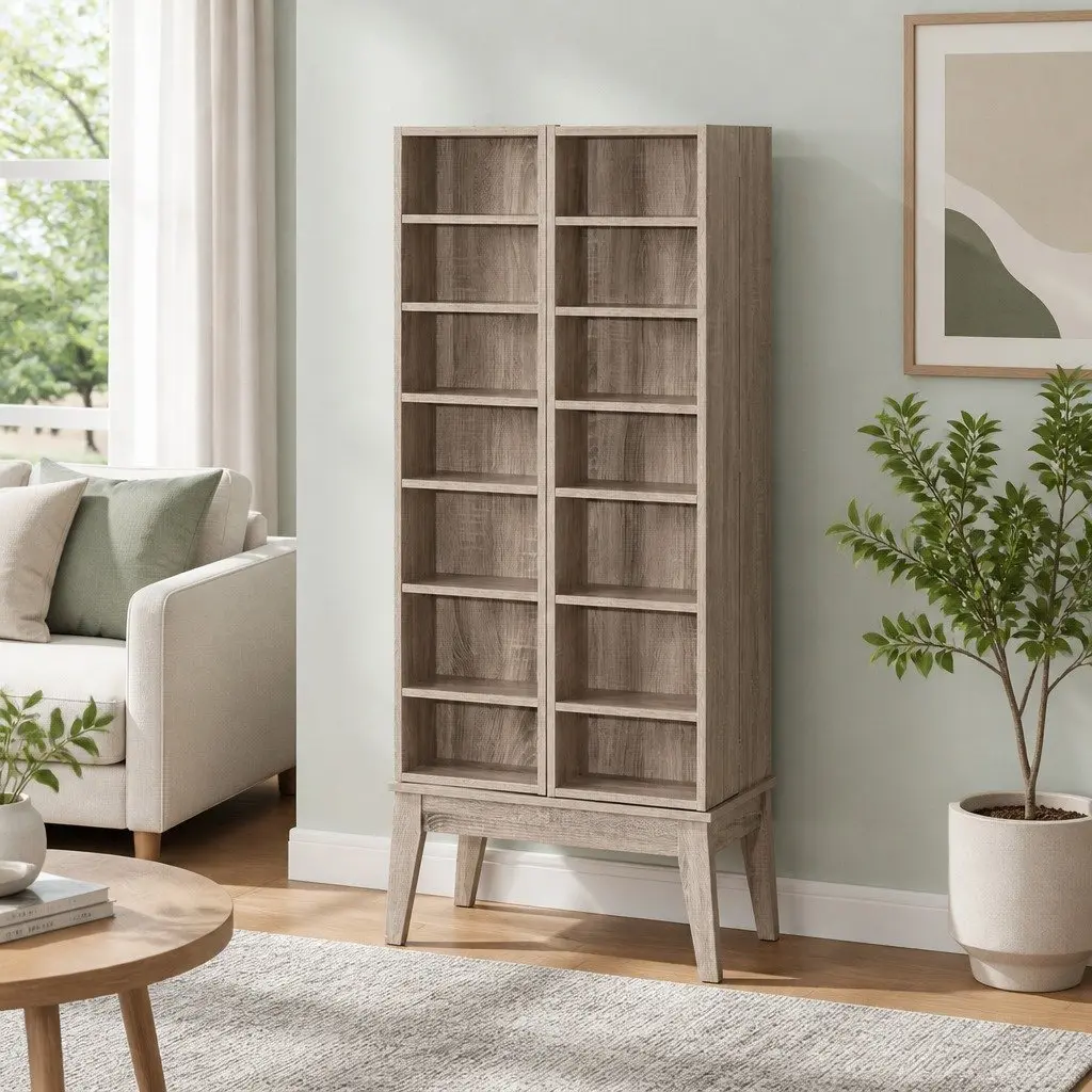Oak Bookshelf Media Storage Rack 14 Shelves Adjustable Display Cabinet
