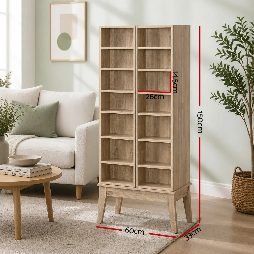 Oak Bookshelf Media Storage Rack 14 Shelves Adjustable Display Cabinet