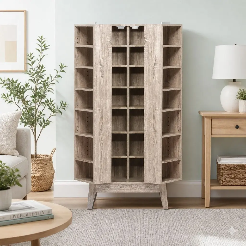 Oak Bookshelf Media Storage Rack 14 Shelves Adjustable Display Cabinet