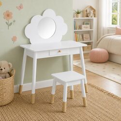 Kids Dressing Table Chair Set Vanity Mirror Drawer White Wooden Leg Makeup Play