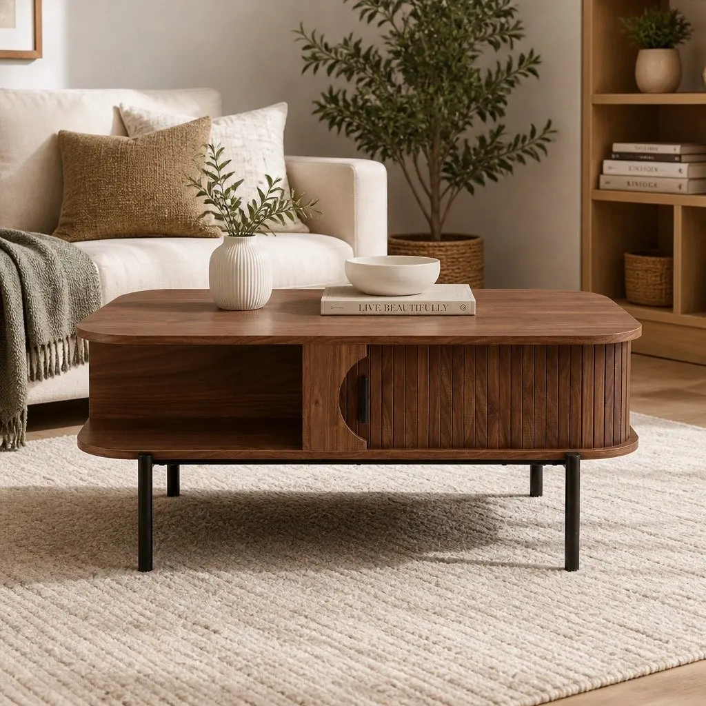 Coffee Table Living Room Center Table with Open Shelves Storage Cabinets Walnut