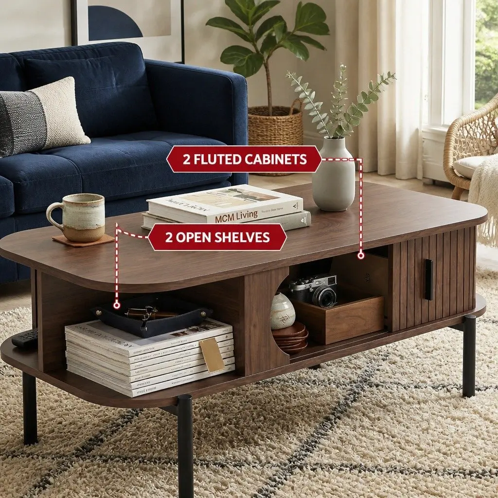 Coffee Table Living Room Center Table with Open Shelves Storage Cabinets Walnut