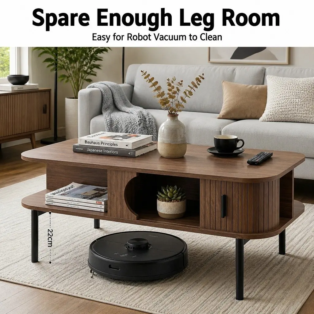 Coffee Table Living Room Center Table with Open Shelves Storage Cabinets Walnut