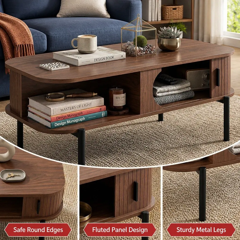 Coffee Table Living Room Center Table with Open Shelves Storage Cabinets Walnut