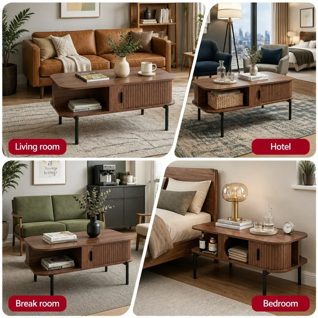Coffee Table Living Room Center Table with Open Shelves Storage Cabinets Walnut