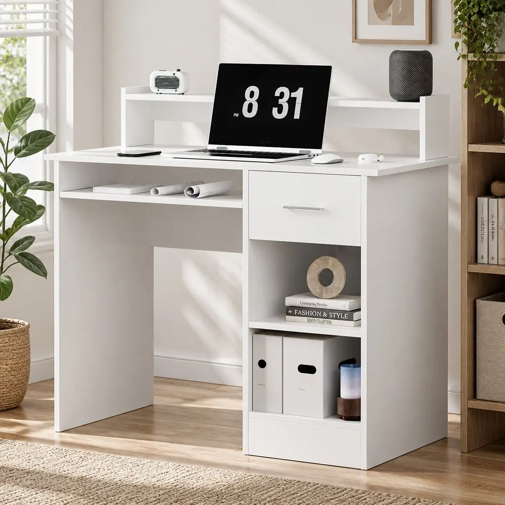 Computer Desk White 100CM Integrated Storage Solutions Slide-out Keyboard Tray