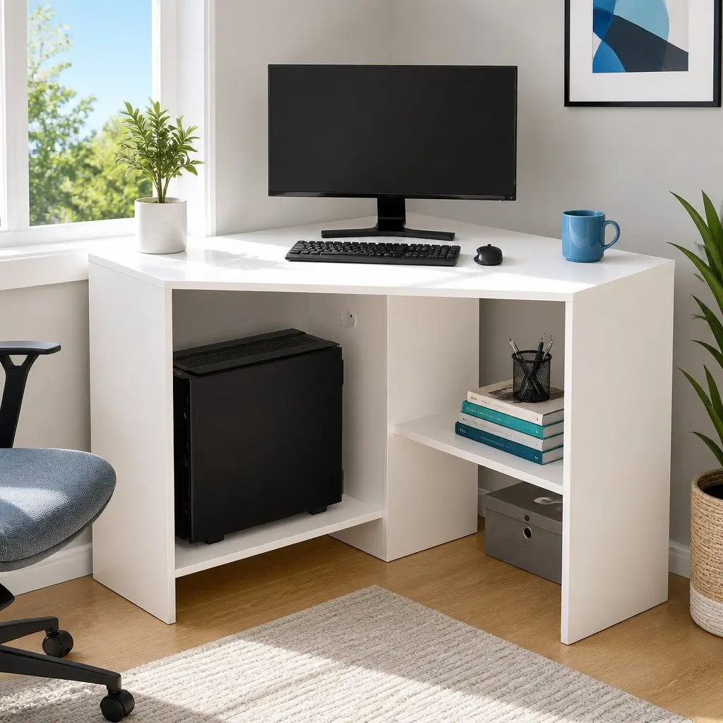 L-Shape Corner Computer Desk with Shelves CPU Stand White 85 x 85 x 74 cm