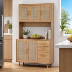 Buffet Sideboard Cabinet with Rattan Doors Drawers Hooks Storage Dining Kitchen