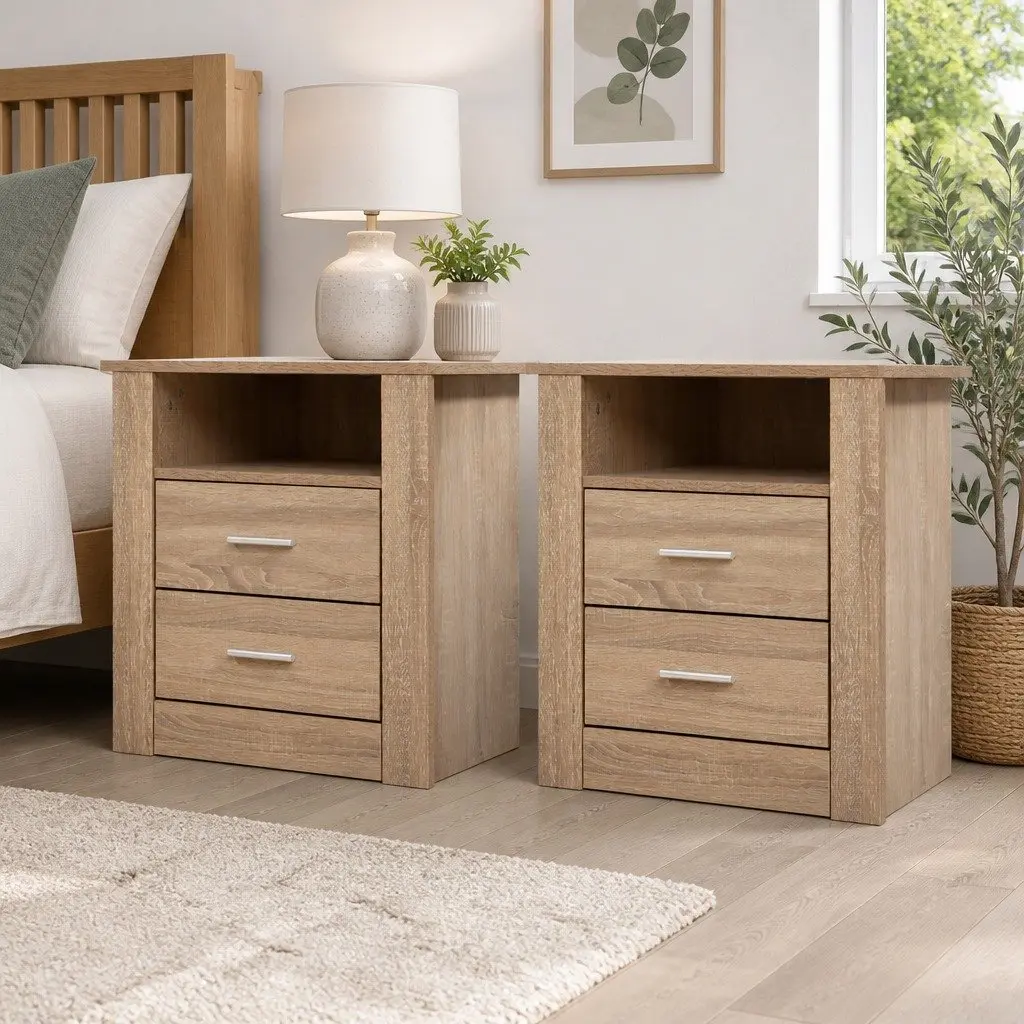 Bedside Table Modern Oak 2 Drawers Open Shelf Storage Unit
