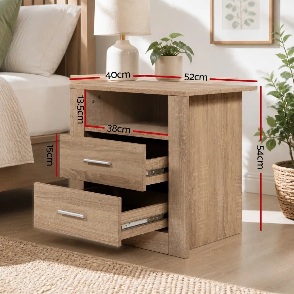 Bedside Table Modern Oak 2 Drawers Open Shelf Storage Unit