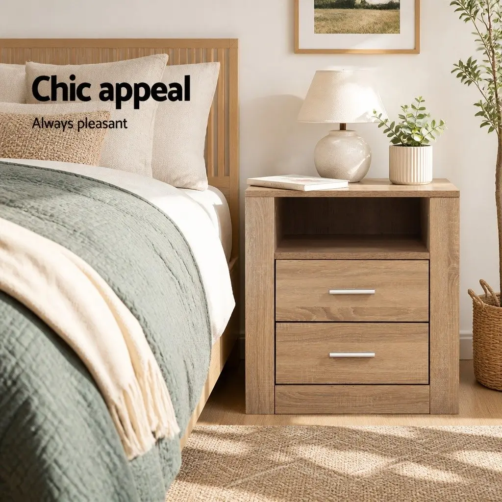 Bedside Table Modern Oak 2 Drawers Open Shelf Storage Unit