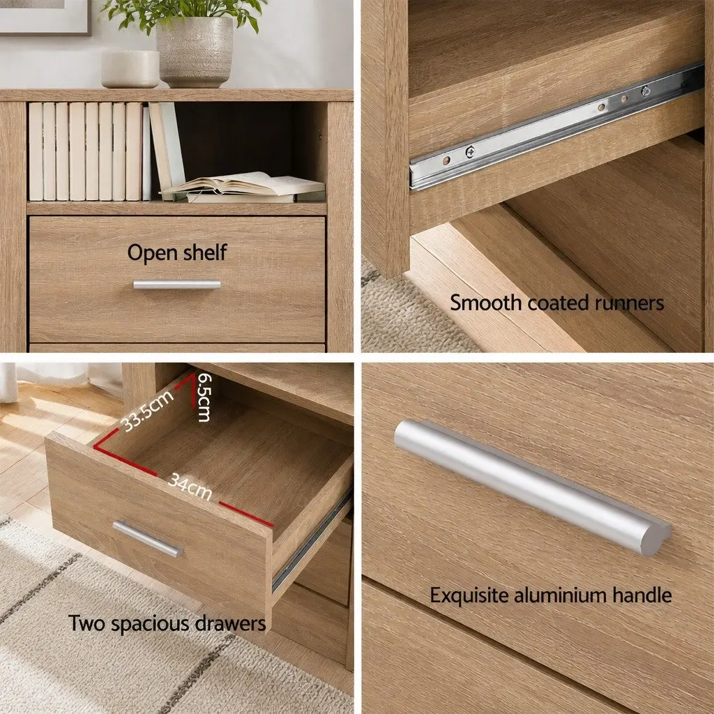 Bedside Table Modern Oak 2 Drawers Open Shelf Storage Unit