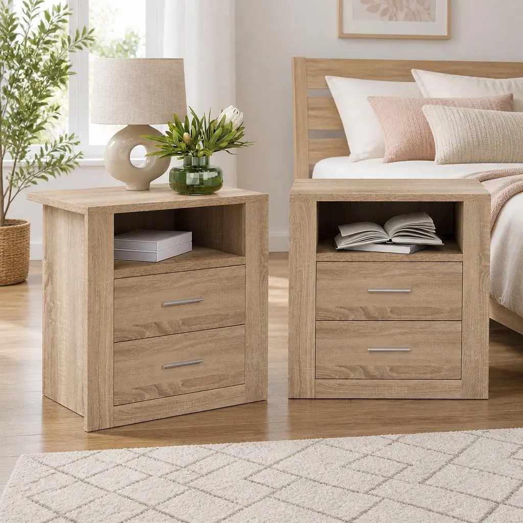 Bedside Table Modern Oak 2 Drawers Open Shelf Storage Unit