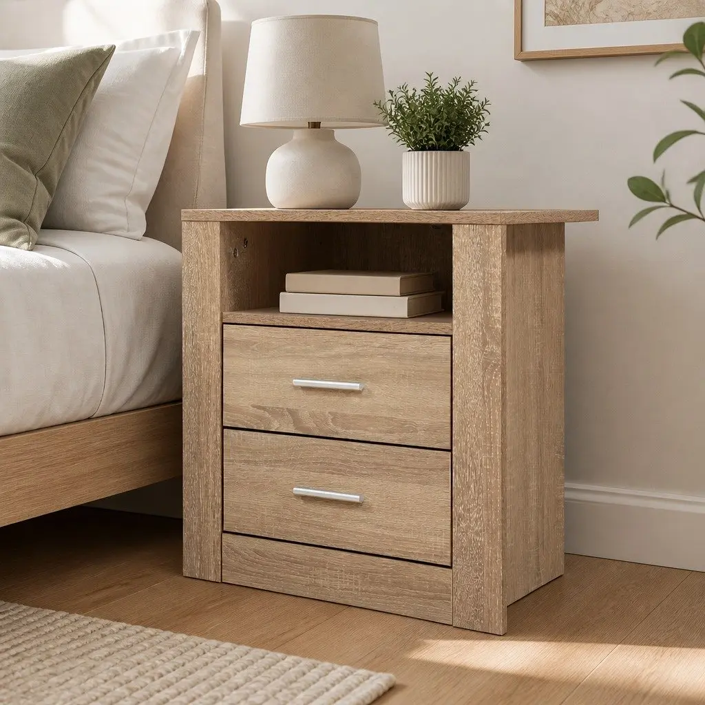 Bedside Table Oak 2 Drawers with Shelf 52cm x 40cm x 54cm Storage Nightstand
