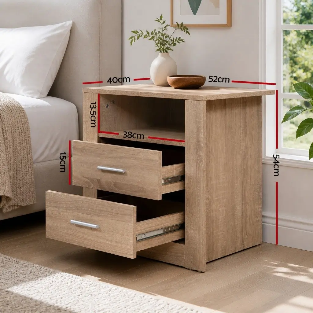 Bedside Table Oak 2 Drawers with Shelf 52cm x 40cm x 54cm Storage Nightstand