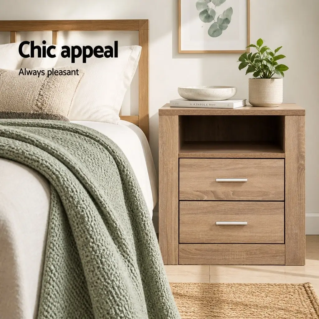 Bedside Table Oak 2 Drawers with Shelf 52cm x 40cm x 54cm Storage Nightstand