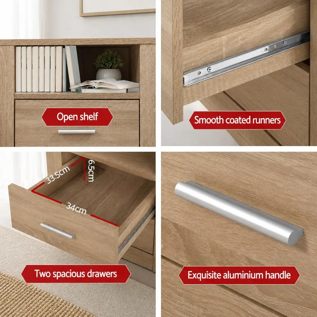 Bedside Table Oak 2 Drawers with Shelf 52cm x 40cm x 54cm Storage Nightstand