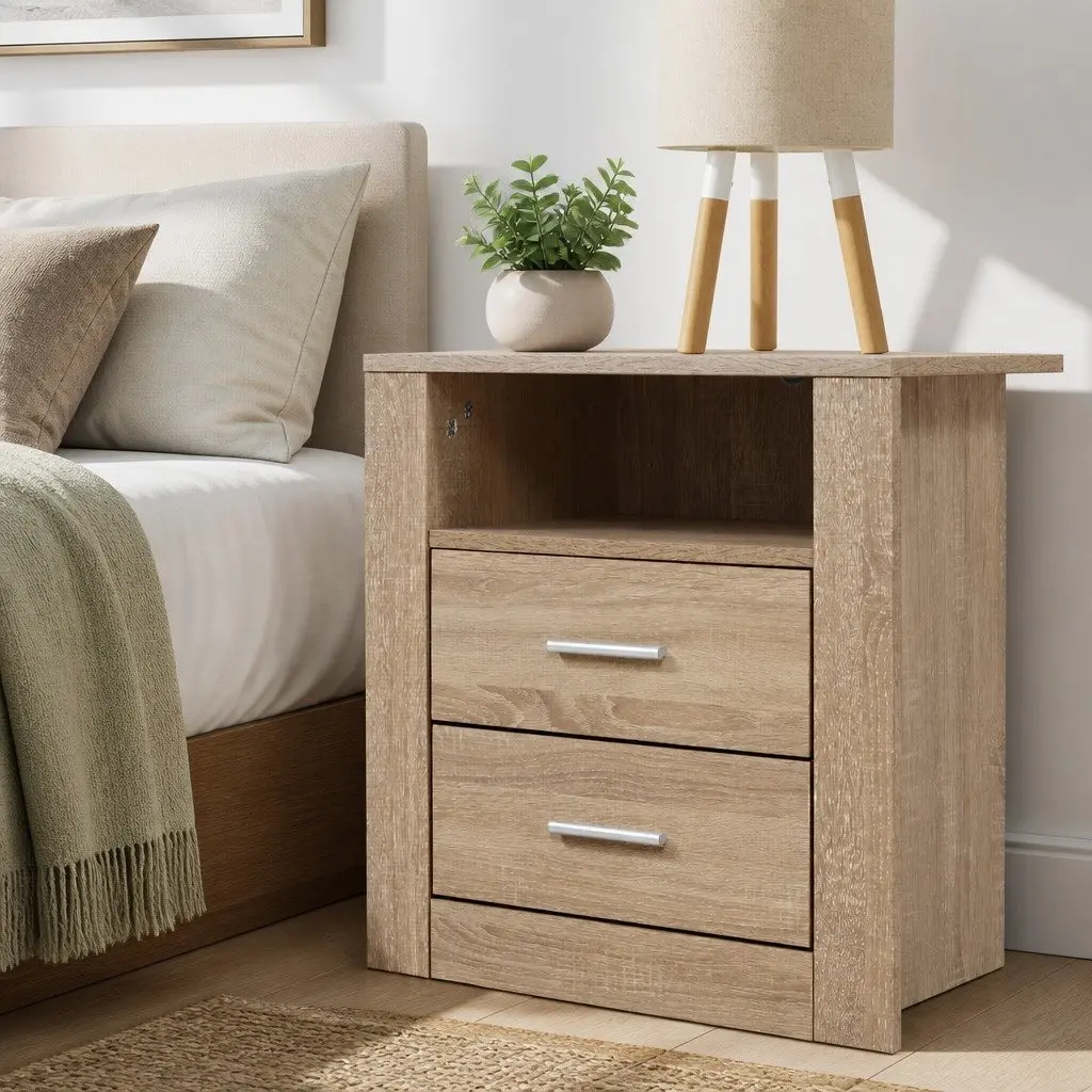 Bedside Table Oak 2 Drawers with Shelf 52cm x 40cm x 54cm Storage Nightstand