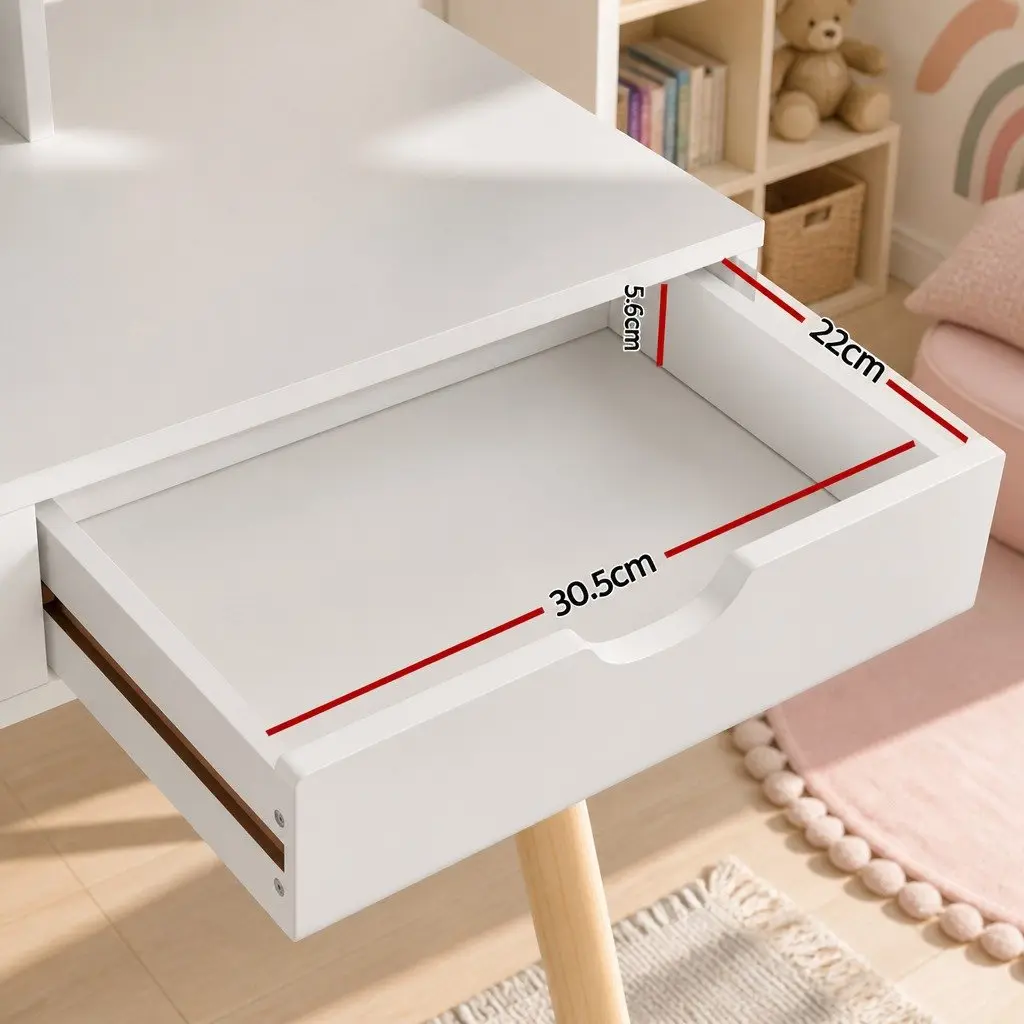 Kids Dressing Table Vanity Set with Chair Mirror Makeup Storage Wooden Legs