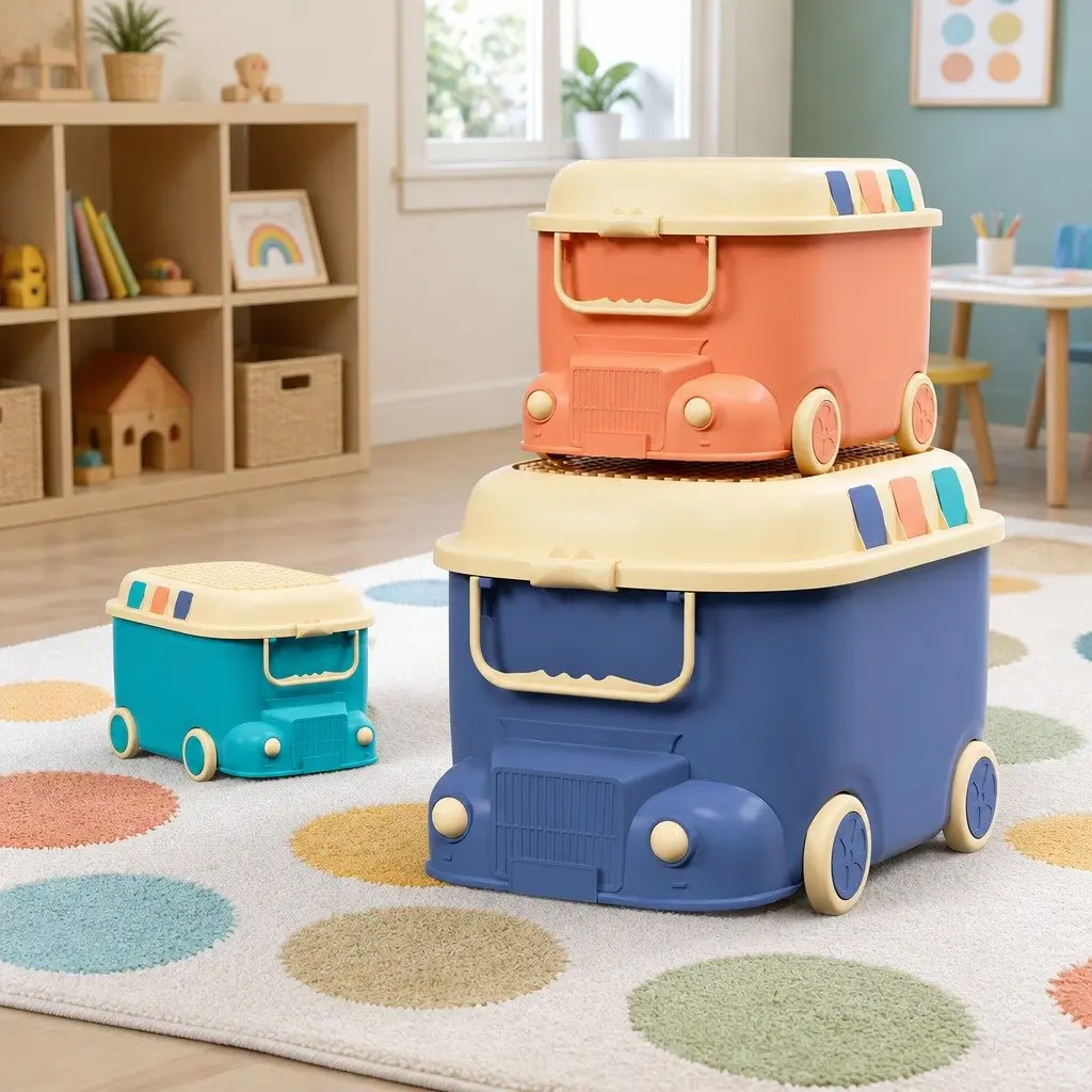 Car Shaped Toy Storage Box Set 3 Pieces Blue Orange with Mobile Wheels Building Block Lid and Dual Handles for Kids Organisation