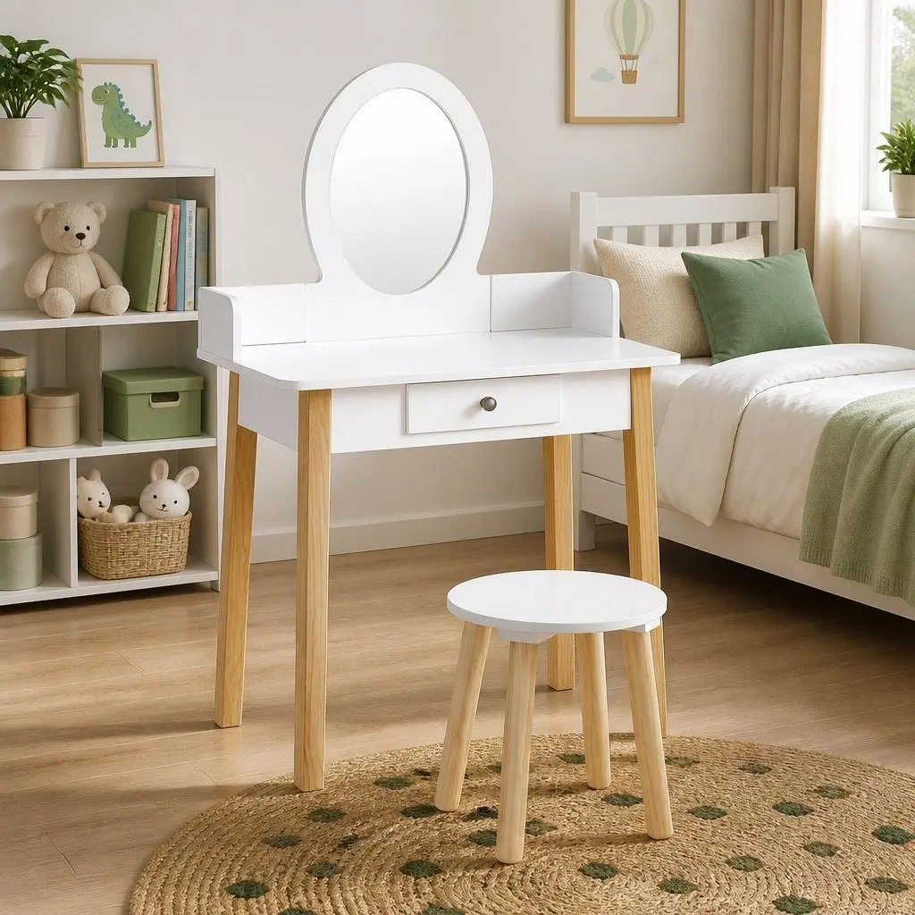 Kids Dressing Table Chair Set Wooden Leg Vanity Makeup Drawer Mirror White