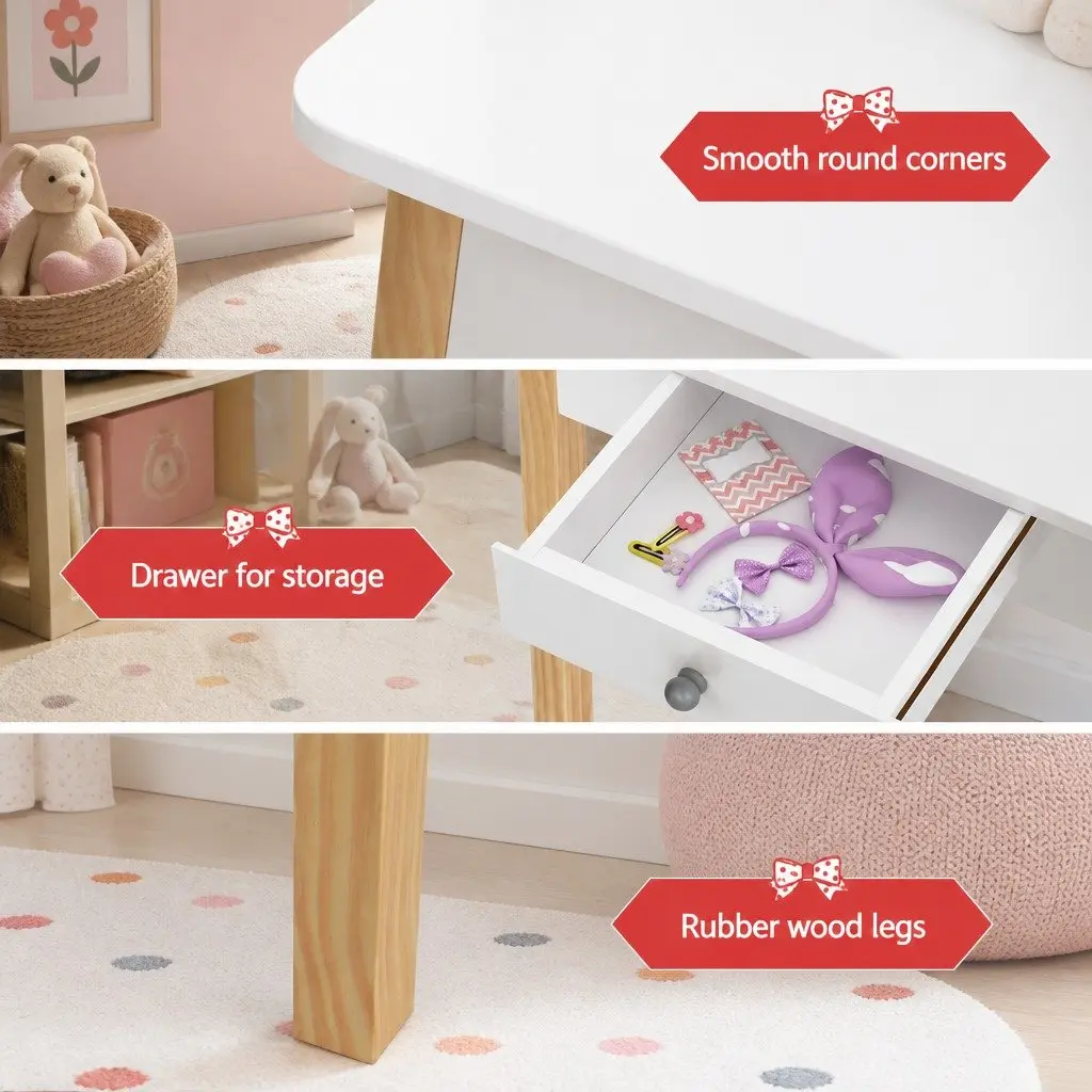 Kids Dressing Table Chair Set Wooden Leg Vanity Makeup Drawer Mirror White