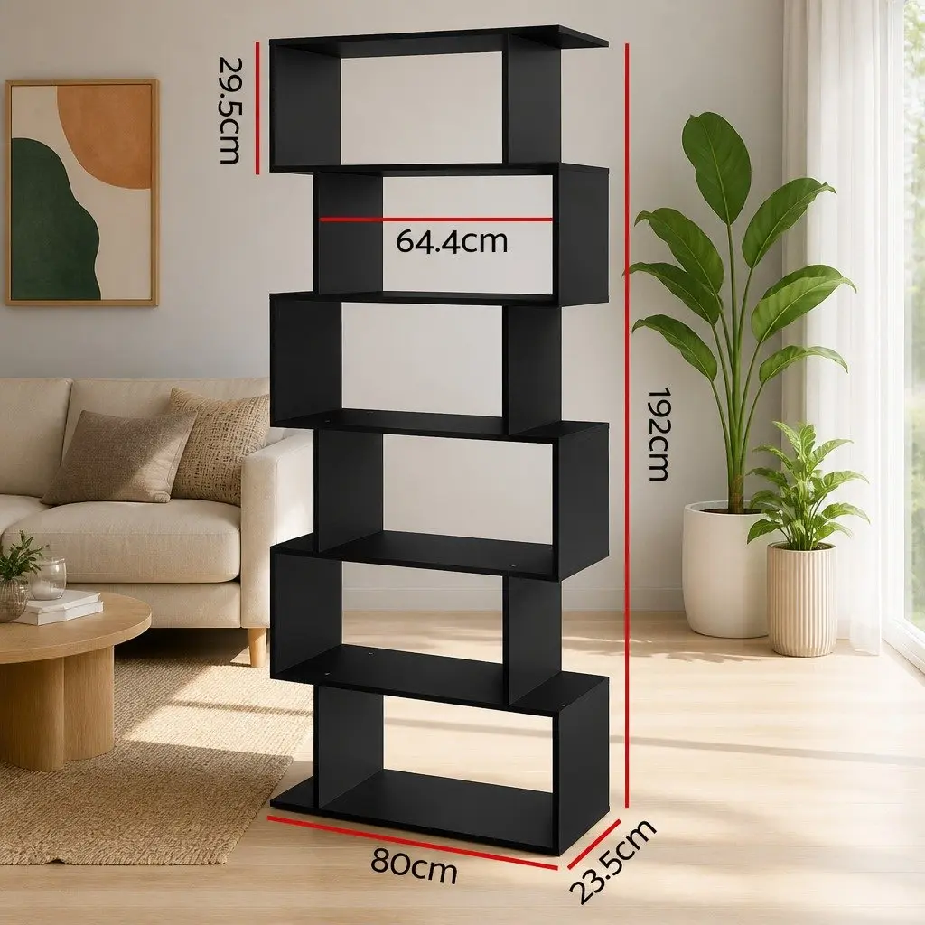 6-Tier Display Bookshelf S-Shape Storage Shelving Unit Living Room Black