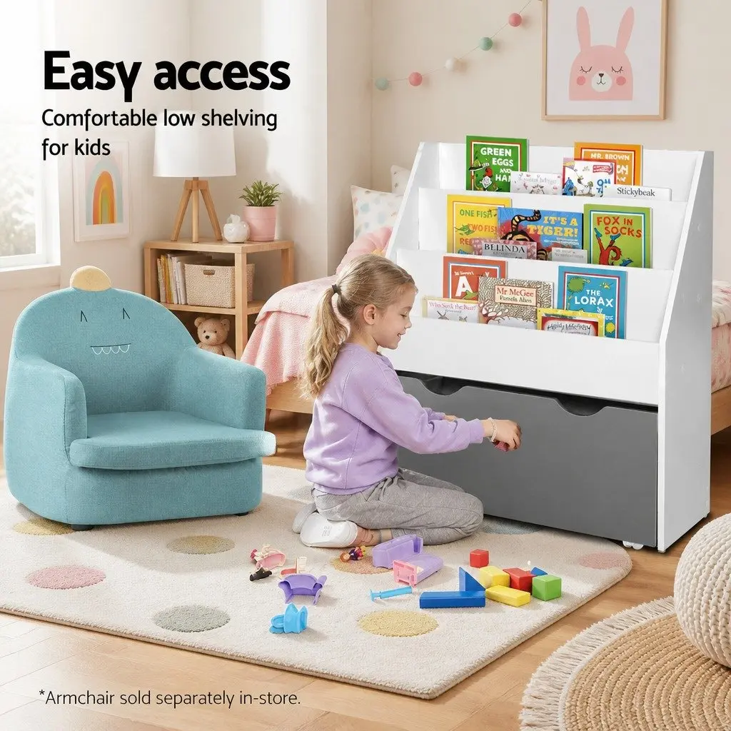 Kids Bookshelf 3 Tier Storage Organiser Bookcase with Removable Toy Box Children