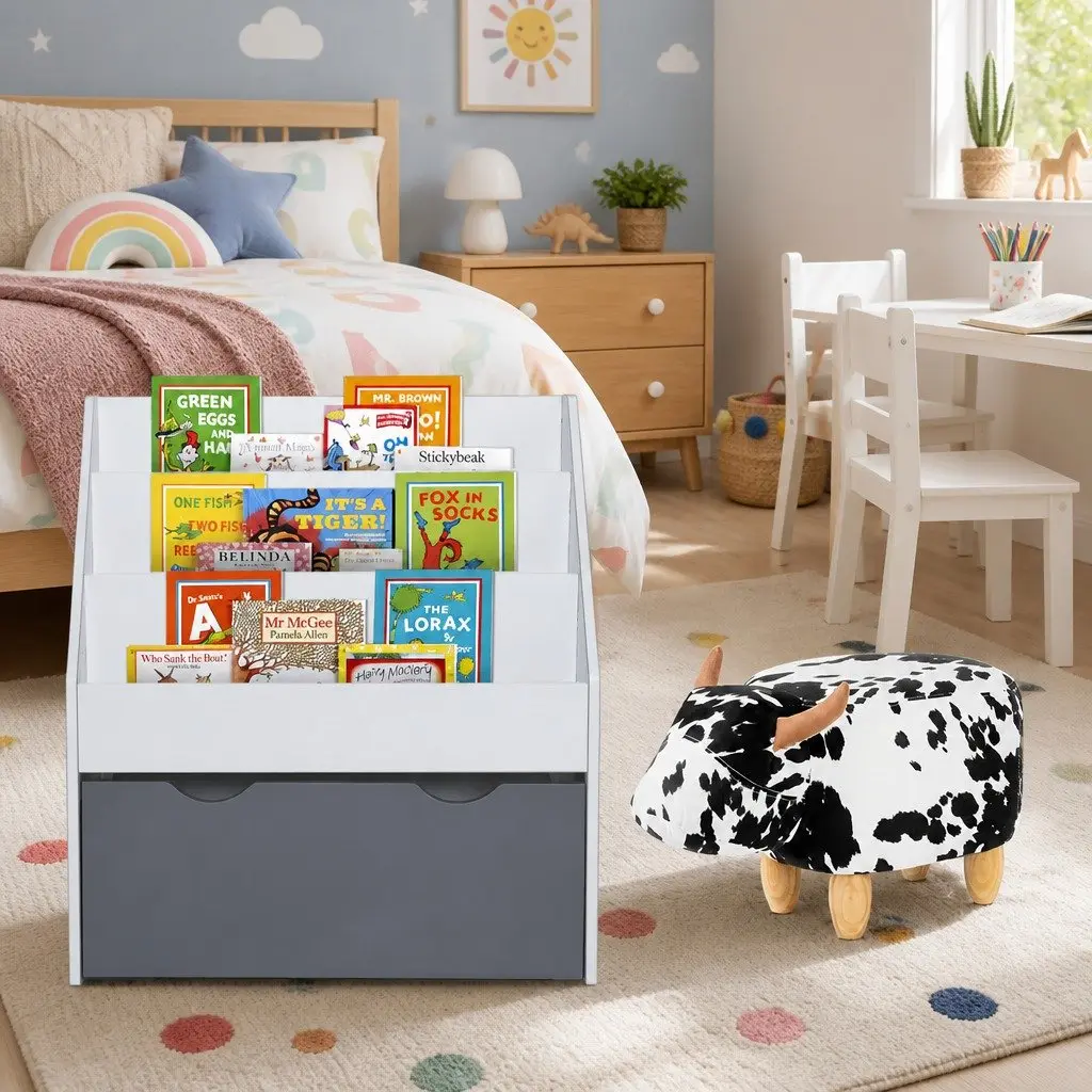 Kids Bookshelf 3 Tier Storage Organiser Bookcase with Removable Toy Box Children