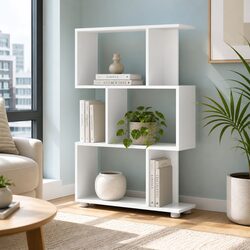 3-Tier Display Bookshelf White Zig-Zag Storage Unit Living Room Shelf Organiser