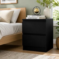 Bedside Table 2 Drawers Black Modern Bedroom Nightstand Storage Furniture