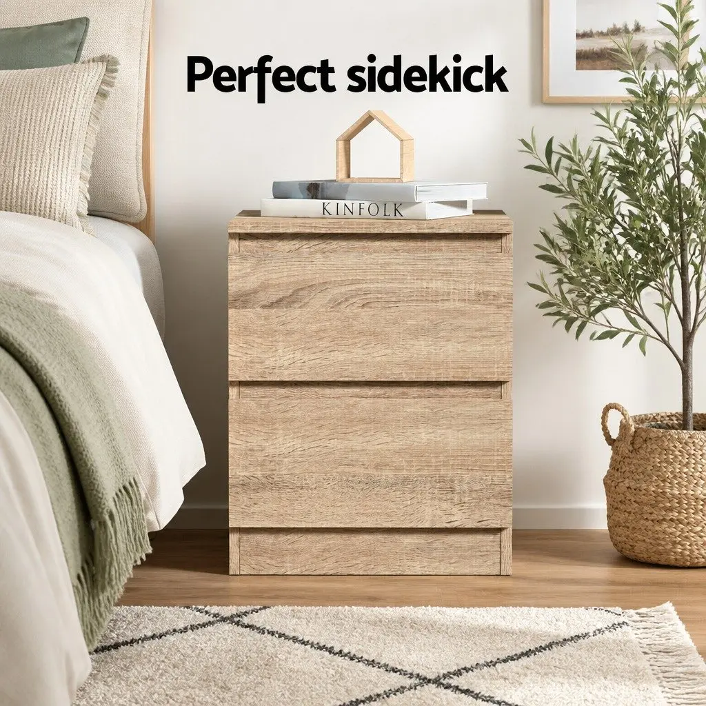 Bedside Table 2 Drawers Oak Wood Bedroom Storage Nightstand Modern Design