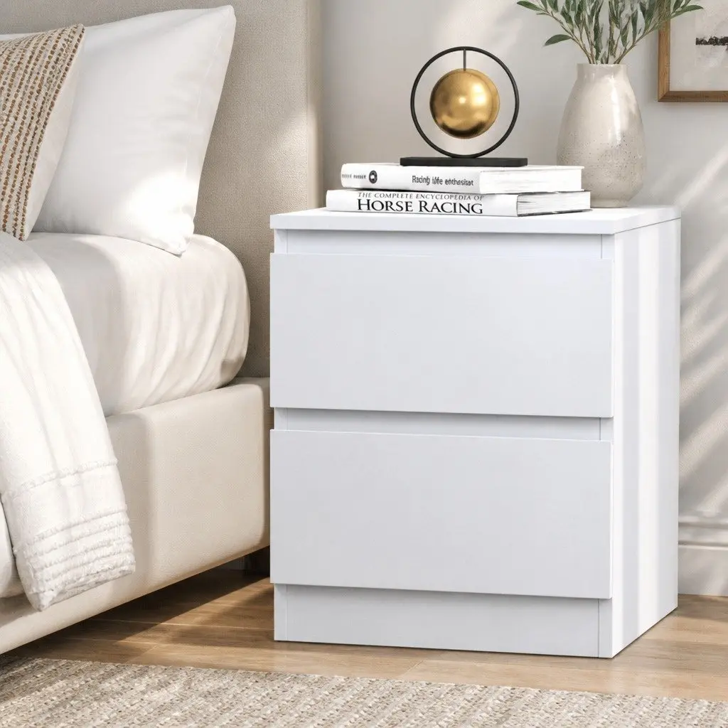 Bedside Table 2 Drawers White Modern Bedroom Storage Nightstand Furniture