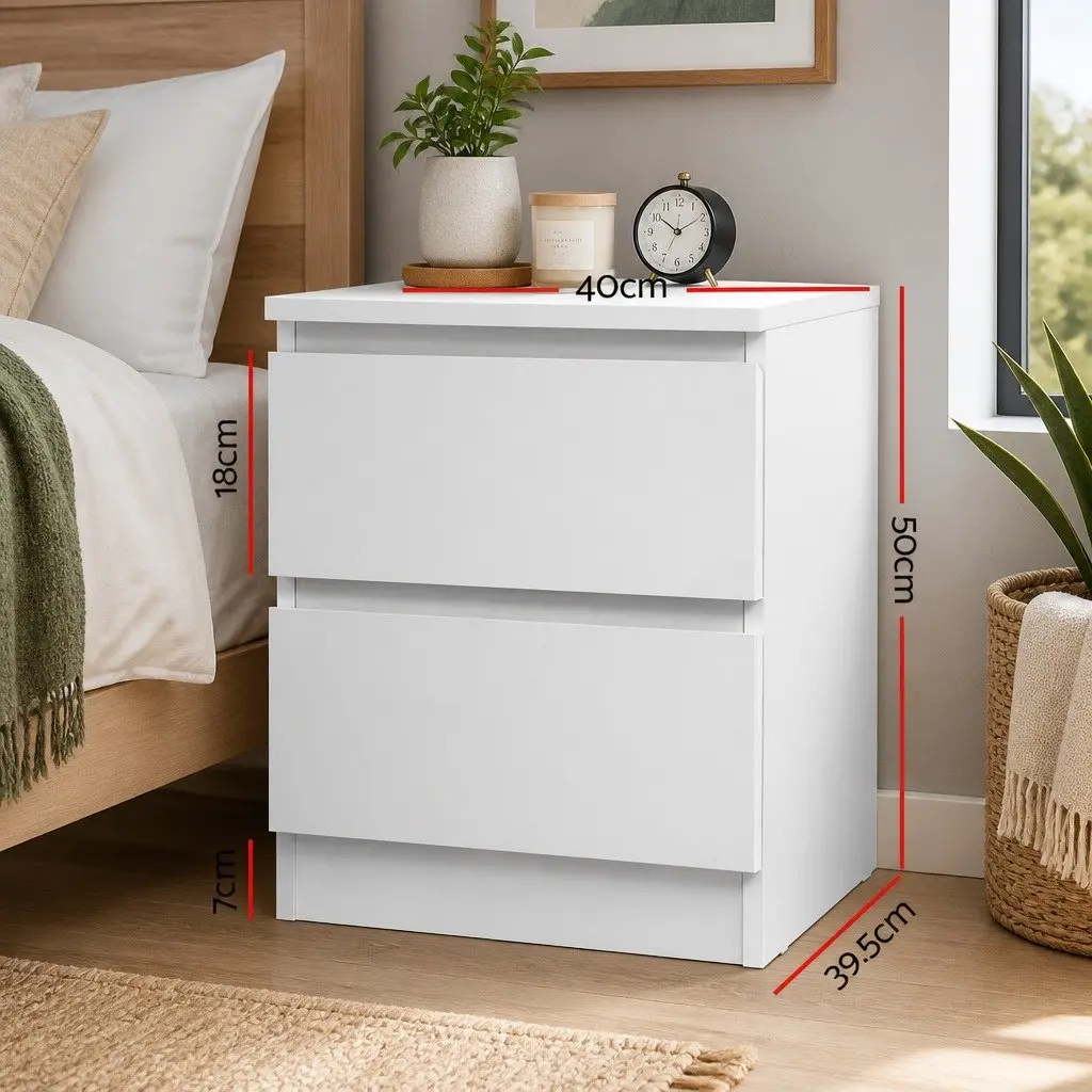 Bedside Table 2 Drawers White Modern Bedroom Storage Nightstand Furniture