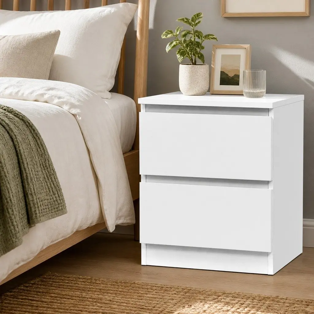 Bedside Table 2 Drawers White Modern Bedroom Storage Nightstand Furniture