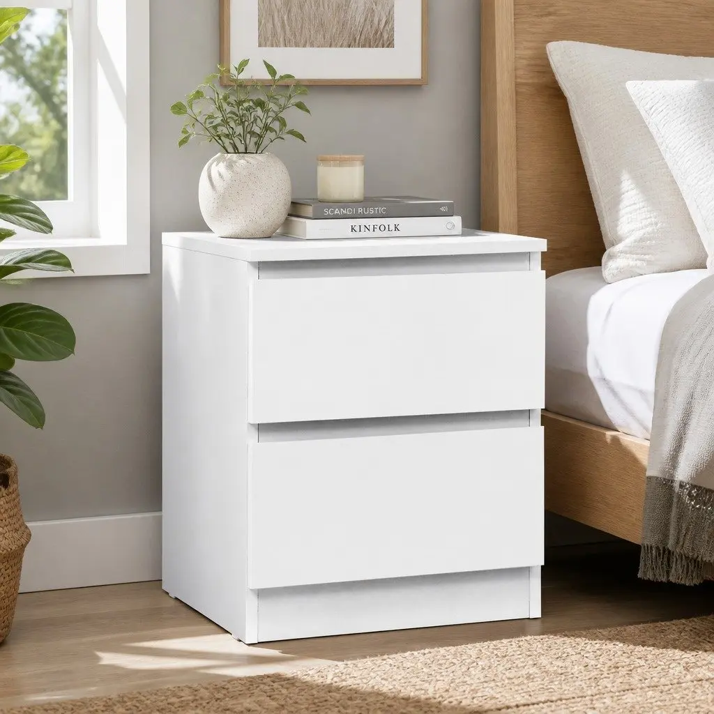 Bedside Table 2 Drawers White Modern Bedroom Storage Nightstand Furniture