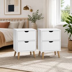Bedside Table 2 Drawers White Modern Bedroom Storage Nightstand with Splayed