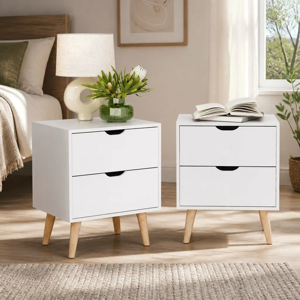Bedside Table Modern White 2 Drawers Splayed Legs 40cm W x 30cm D x 50cm H