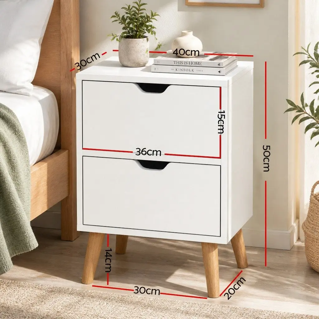 Bedside Table Modern White 2 Drawers Splayed Legs 40cm W x 30cm D x 50cm H