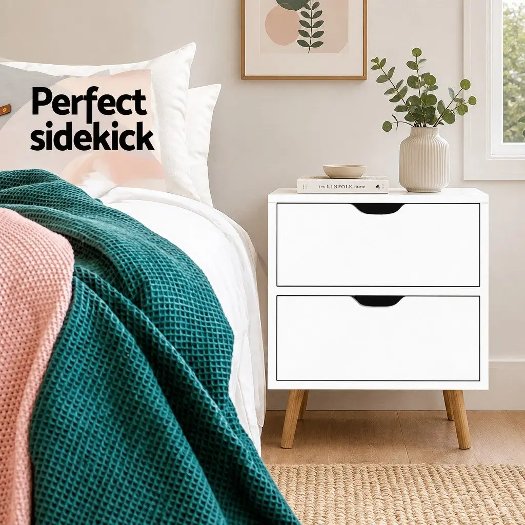 Bedside Table Modern White 2 Drawers Splayed Legs 40cm W x 30cm D x 50cm H