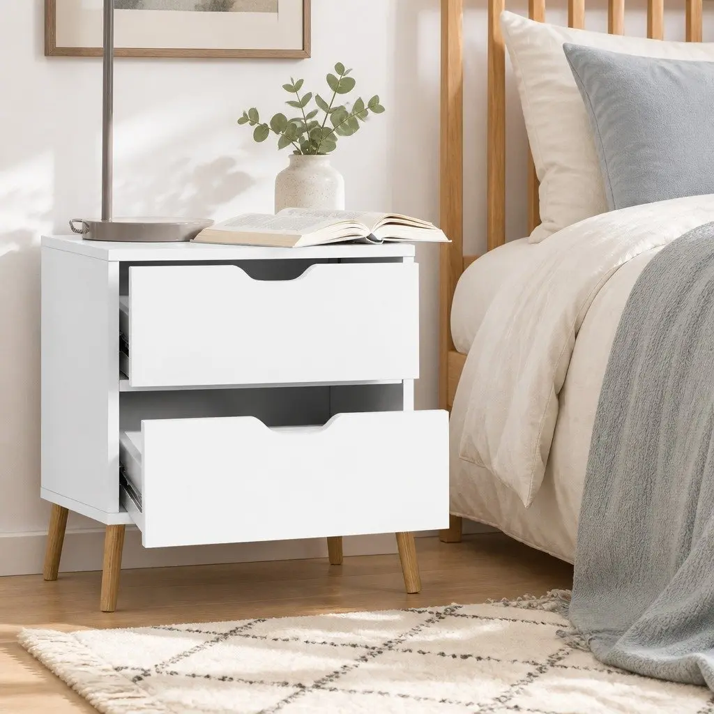 Bedside Table Modern White 2 Drawers Splayed Legs 40cm W x 30cm D x 50cm H