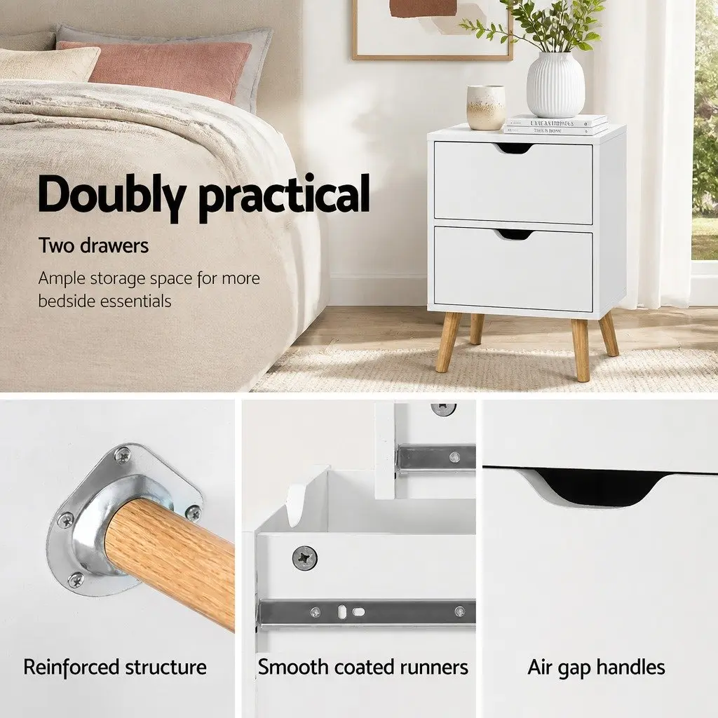 Bedside Table Modern White 2 Drawers Splayed Legs 40cm W x 30cm D x 50cm H